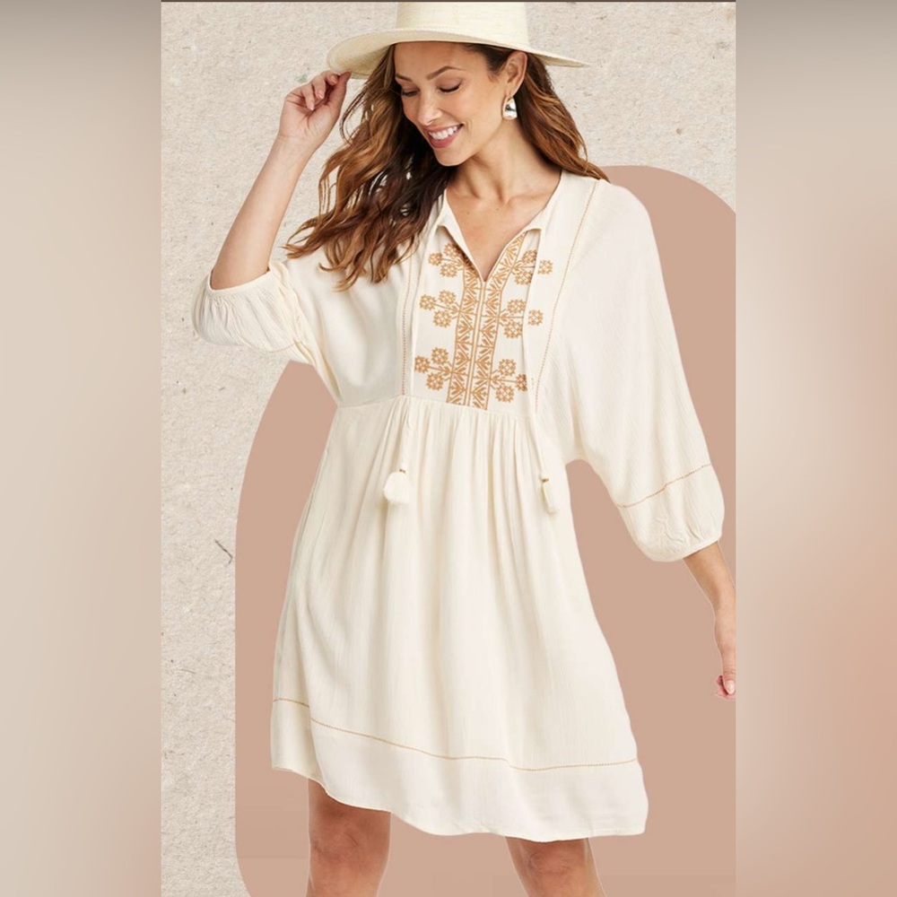 Cream Embroidered Boho Dress